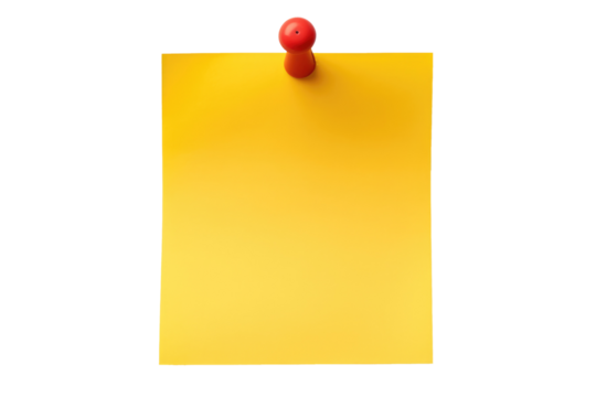 yellow sticky post it note with red pushpin isolated on white or transparent png