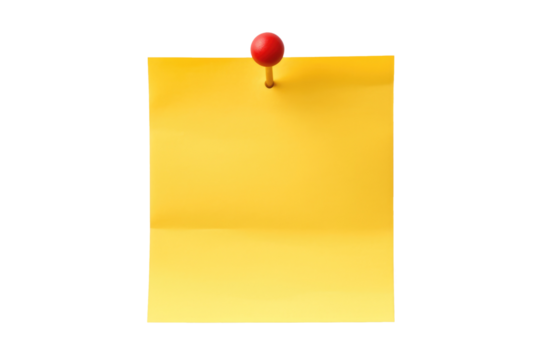 yellow sticky post it note with red pushpin isolated on white or transparent png