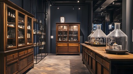 40. A historical lab setting with antique fume hoods on display