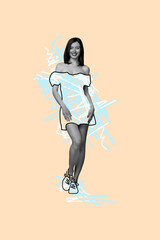 Creative drawing collage picture of attractive young female posing model defile dress fashion shopping weird freak bizarre unusual fantasy