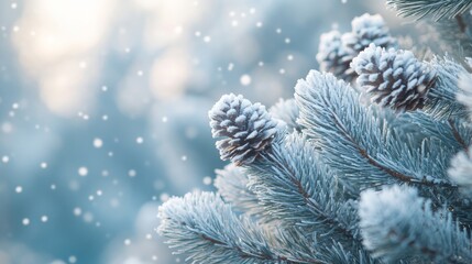 Frost-Covered Pine Branch with Cones in Snowy Winter Landscape