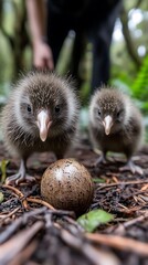Obraz premium Two fluffy chicks curiously observe a large egg on the forest floor.