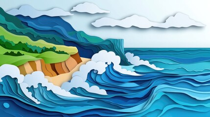 Obraz premium Rugged shoreline with crashing waves Clear blue waters lapping against the shore Coastal landscape with waves and clear blue waters