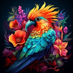 Illustration of a colorful bird made with tropical flowers