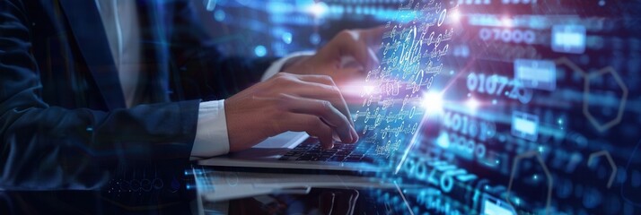 A professional enhances cyber security by analyzing data protection strategies using advanced technology in a modern workspace. Generative AI