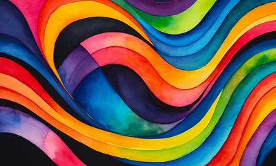 Bright multicolored wavy stripes on black background, abstract pattern