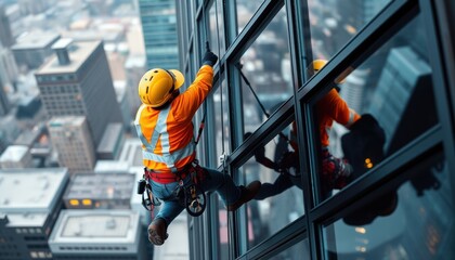Fototapeta premium worker cleaning the window glass in high rise building
