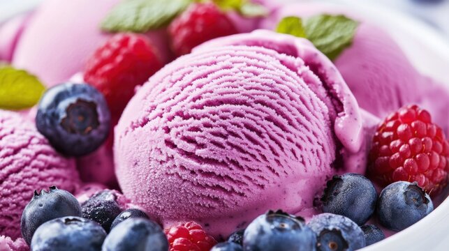 Close-up of blueberry ice cream scoops topped with fresh berries refreshing summer dessert in natural light fruity flavors showcased in an appetizing manner