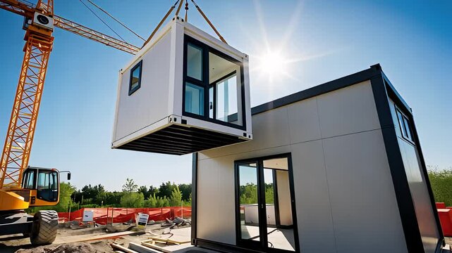 Modular Home Construction with Crane Installing Building Block