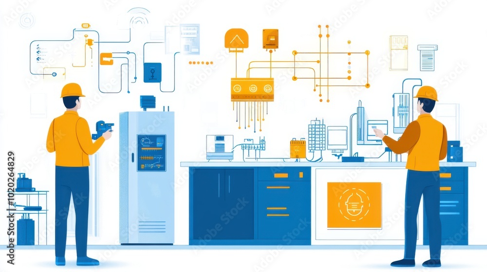 Poster two engineers in hard hats work in a modern laboratory filled with advanced machinery and digital in