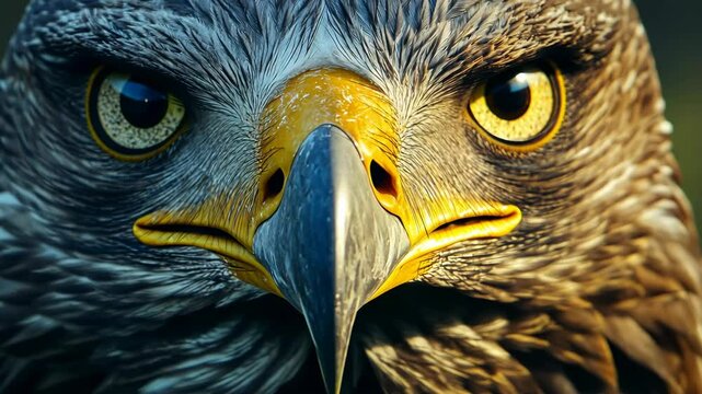 A close-up shot of a hawk's face, showing its sharp beak and piercing eyes