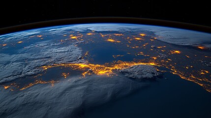 Fototapeta premium Earth at Night with City Lights and Clouds