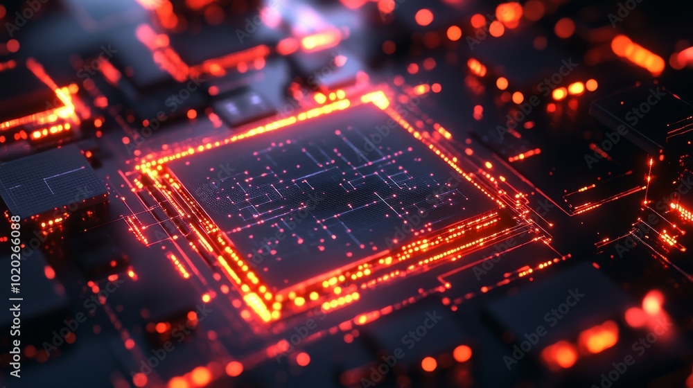 Poster red illuminated circuit board with central processing unit