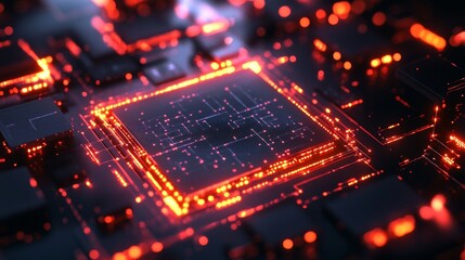 Obraz premium Red Illuminated Circuit Board with Central Processing Unit