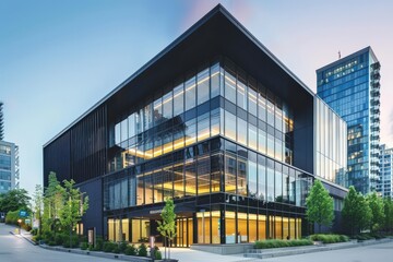 Fototapeta premium A large building with a lot of windows and a podium,generative ai image