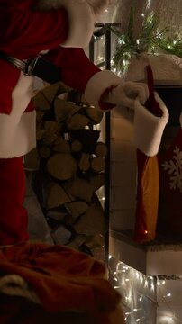 Santa Claus putting Christmas presents in socks over the fireplace, eating ginger cookies and drinking milk on Christmas night in the decorated living room with Christmas tree