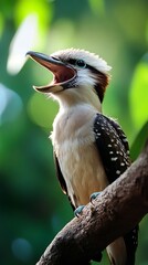 A Kookaburra perched on a branch, wide-mouthed and vocal in a lush green environment.