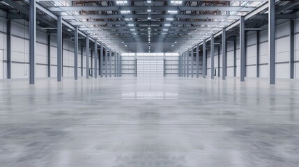 Spacious Industrial Warehouse, a vast and versatile empty space with high ceilings, concrete floors, and an open layout, ideal for various creative projects or events