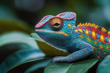 Fototapeta premium Colorful Chameleon Sitting on Green Leaves – Close-Up Portrait of a Vibrant Tropical Animal