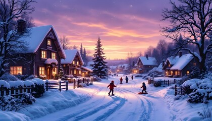 Charming Snow-Covered Village Illustration with Cottages and Warm Windows