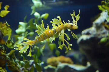 A leafy sea dragon swimming among underwater plants in a vibrant aquatic environment.