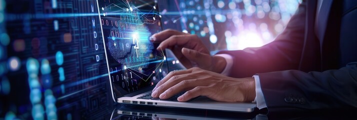 A cyber security professional works on a laptop, safeguarding data through advanced digital techniques and network monitoring processes. Generative AI
