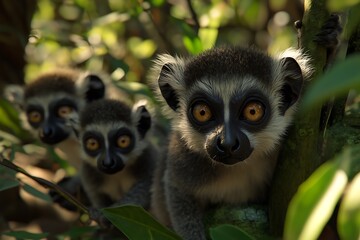 Fototapeta premium Three curious lemurs peering through lush greenery in a natural habitat.