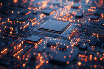 High-tech background with glowing pathways and components on circuit board. Concept of advanced technology and electronics
