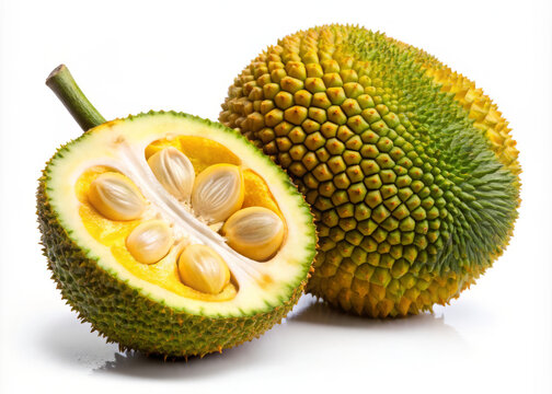 Cempedak is tropical fruit with spiky green exterior and sweet, yellow flesh. image showcases whole cempedak alongside halved one, revealing its seeds and vibrant interior