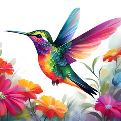 Obraz premium Little bird Hummingbird close-up with a flowers painted on a light background abstract decorative painting