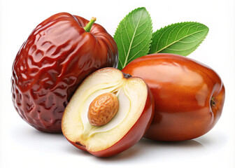 Juicy jujube fruit with glossy red exterior, showcasing sliced half revealing its seed and creamy interior, accompanied by vibrant green leaves