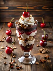 Delicious dessert featuring ice cream layered with chocolate sauce, whipped cream, cherries, and nuts in a tall glass.