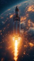 Fototapeta premium A powerful rocket takes off from Earth, leaving a trail of fire and smoke as it ascends into space