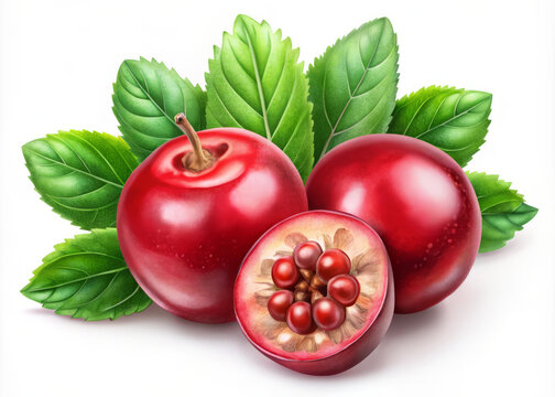 Juicy hogberries with vibrant red skin and lush green leaves create fresh and inviting scene. half fruit reveals its rich interior, showcasing seeds within