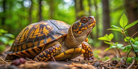 Obraz premium Box turtle navigating through forest undergrowth at a tilted angle