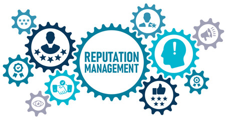 Reputation management concept banner web website icons vector illustration with an icons of trust, regard, popularity, credibility, impression, position, marketing, brand, on white background, edited