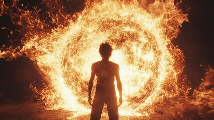 Obraz premium A close-up of surrealism, with a powerful character standing in the center surrounded by flames and energy. Fierce and resolute expression, accompanied by dramatic light and shadow