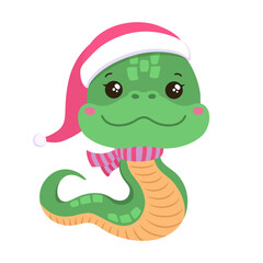 Cute snake kawaii character Chinese lunar new year symbol. Cartoon snake isolated. Whimsical character oriental zodiac green snake wearing Christmas hat and scarf. Good for winter holiday fun design.