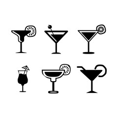 Cocktail icon set. Alcoholic cocktails icons, Martini cocktail with umbrella and olive in classic glass