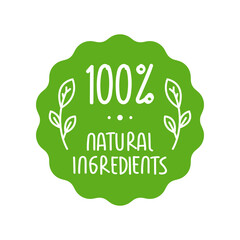 100% natural ingredients vector green circle label design hand drawn style with abstract leaf. for natural, organic product, icon, green, healthy food, vegan, logo, label, seal, tag, sign, seal
