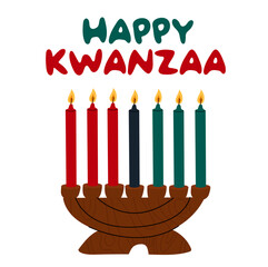 Happy Kwanzaa. Traditional candle holder - Kinara with 7 candles, symbolizing principles of Kwanzaa. African American cultures festival. 