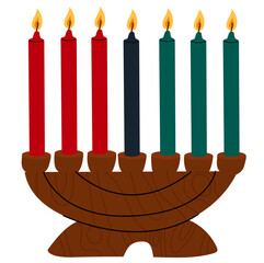 Happy Kwanzaa. Traditional candle holder - Kinara with 7 candles, symbolizing principles of Kwanzaa. African American cultures festival. 