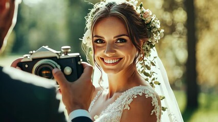 A bride smiles as she is photographed outdoors on her wedding day