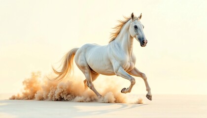 Fototapeta premium Majestic white horse running across sandy terrain with dust rising from its hooves, illuminated by soft sunlight, showcasing power and grace in motion.
