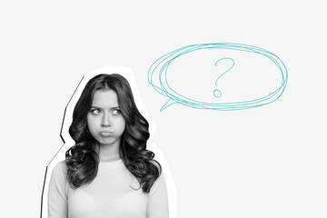 Composite photo collage of unhappy girl think dilemma question mark unsure solution decision text...