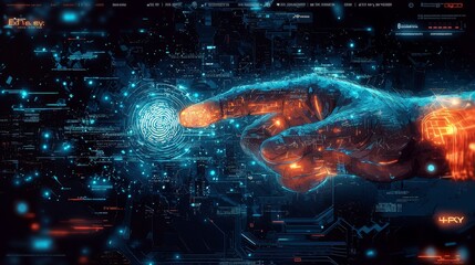 Merchants use fingerprint recognition to securely access personal financial data, reflecting the concepts of electronic KYC and biometric security technology, highlighting digital security innovation