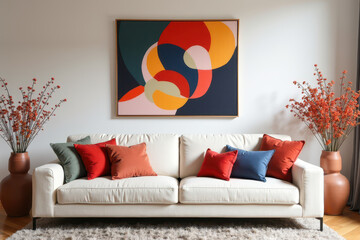 A modern living room with a White sofa with orange, red, and patterned cushions, abstract painting, floor lamp, and tall vases with flowers create a vibrant, cozy space.