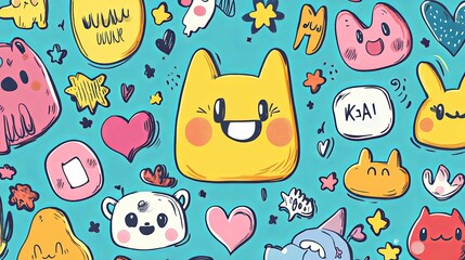 Colorful Cartoon Animal Characters and Symbols on a Blue Background