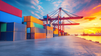 Vibrant cargo containers at sunset in a bustling shipping port