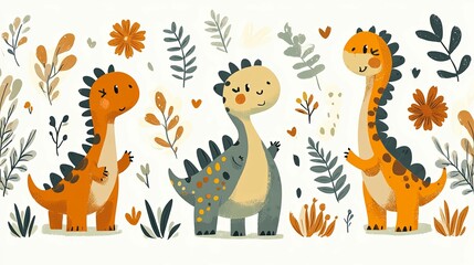 Naklejka premium Three Cartoon Dinosaurs in a Garden Setting